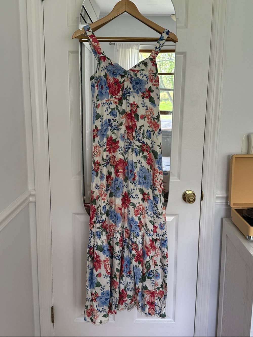 Floral Tie-Strap Maxi Dress - White with Blue & Red Floral